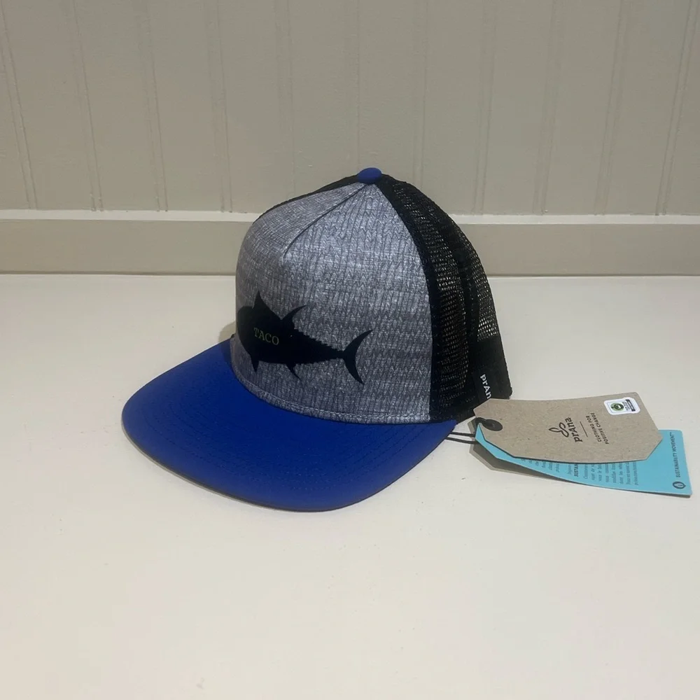 NWT PrAna Unisex Journeyman Trucker Flat Brim Hat Admiral  Blue Fish Taco OS